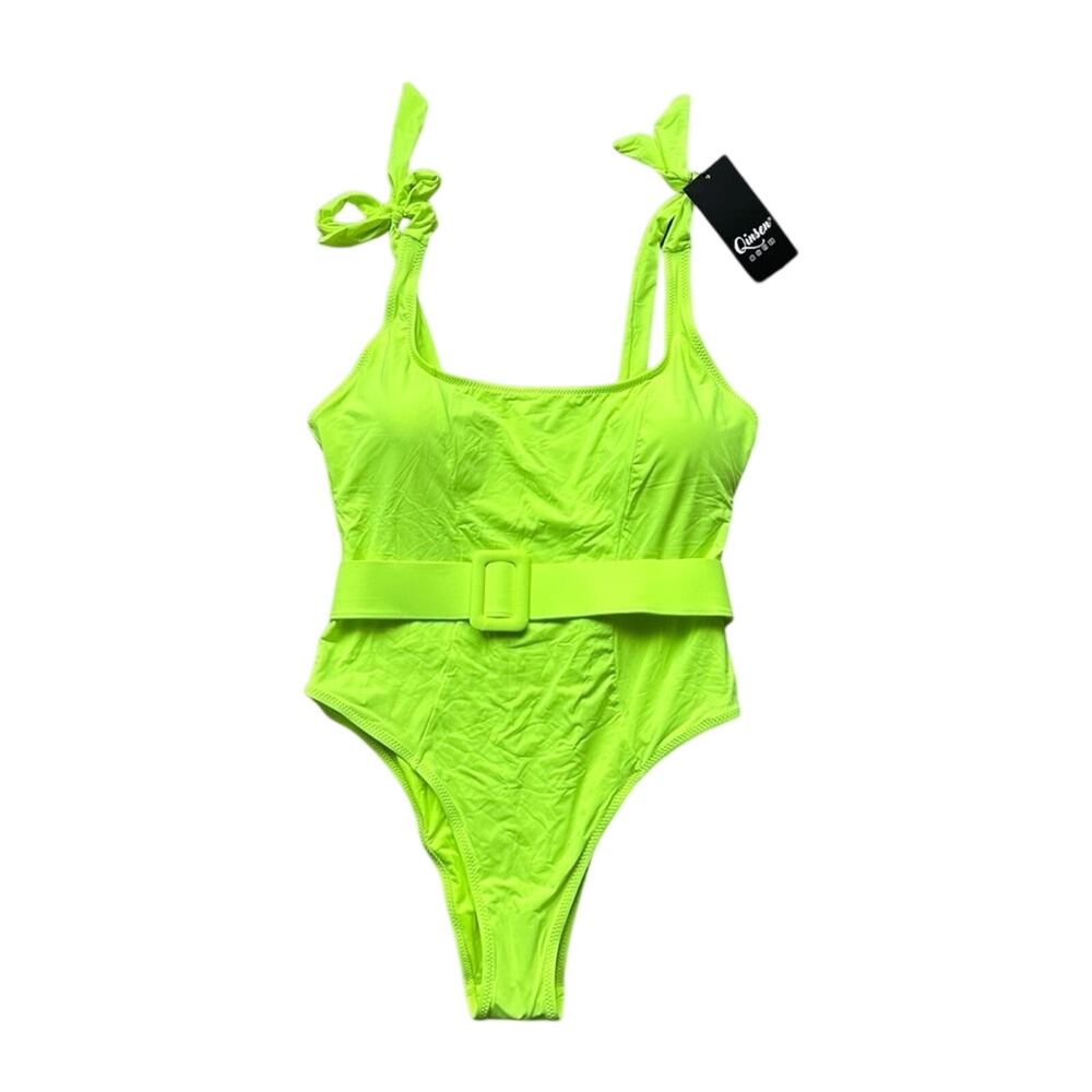 QINSEN Neon One Piece Swimsuit with Adjustable Tie Straps & Belt NEW
